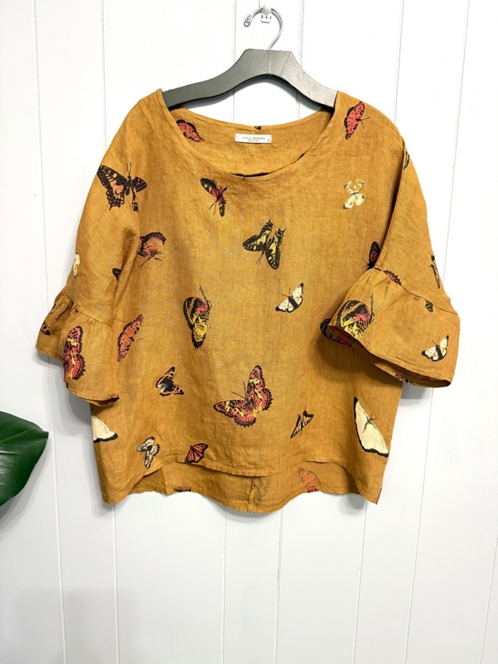 #1) 100% Linen Mustard Butterfly Linen Ruffle-Sleeve Blouse Size S